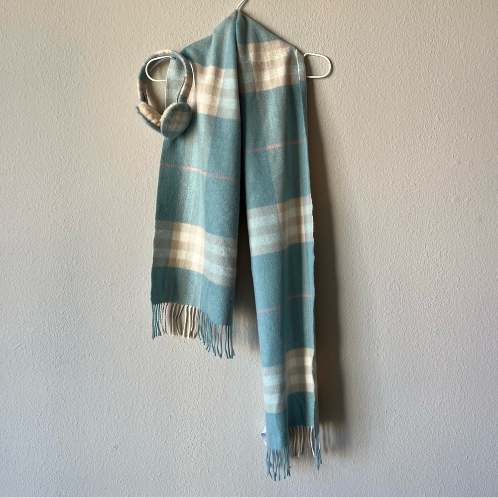 Burberry Blue and Cream Plaid Scarf and Ear Muffs